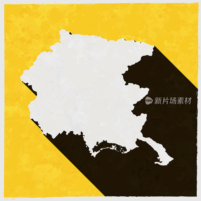 Friuli-Venezia Giulia地图与纹理黄色背景上的长阴影